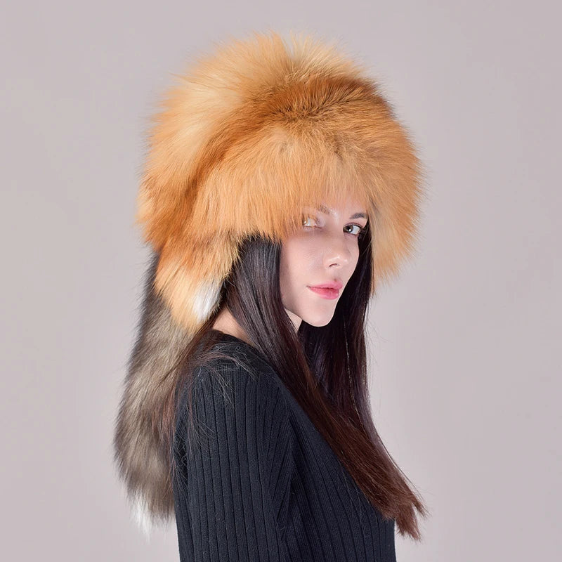 2025 New Style Natural Fox Fur Russian Hat Ushanka Women Winter Warm Fluffy Popular Style Female Tail Cap Fashion Real...
