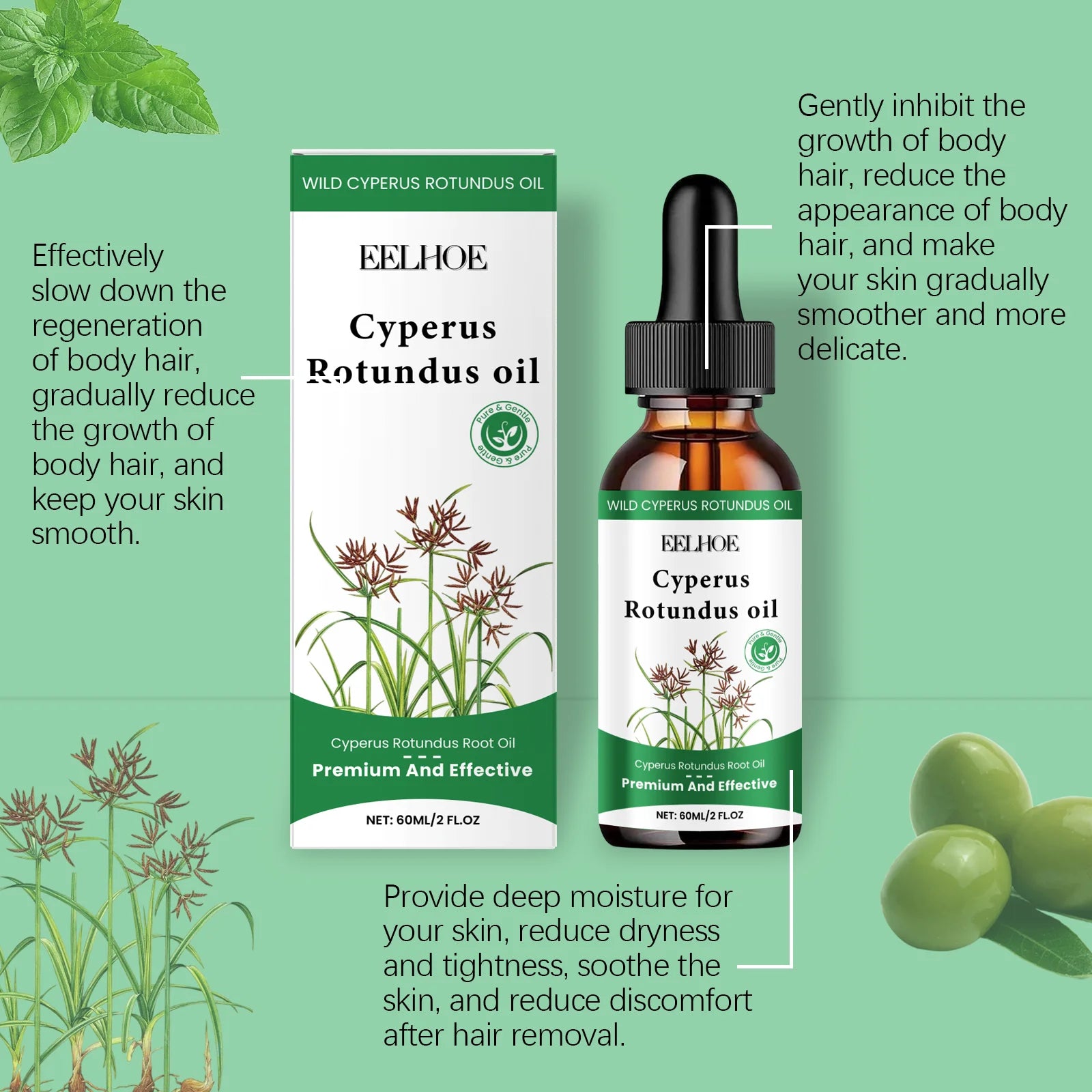 60ml Cyperus Rotundus Oil Gentle Hair Removal Care Oil Body Hair Inhibitor Serum Moisturizing Nourishing Natural Cypress...