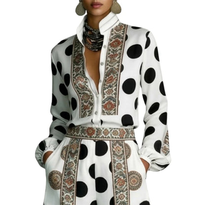 Yeezzi Women's Retro Floral Polka Dot Stand Collar Shirts Tops Long Sleeves Loose Fit Elegant Casual Daily Commuter Blouses