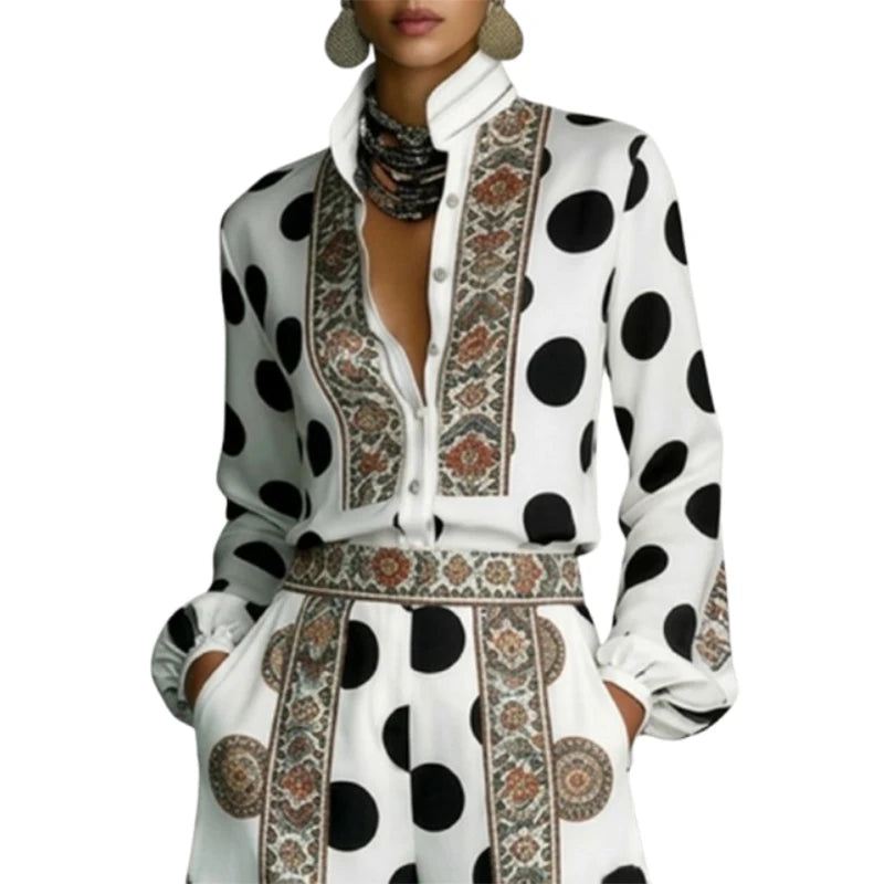 Yeezzi Women's Retro Floral Polka Dot Stand Collar Shirts Tops Long Sleeves Loose Fit Elegant Casual Daily Commuter Blouses
