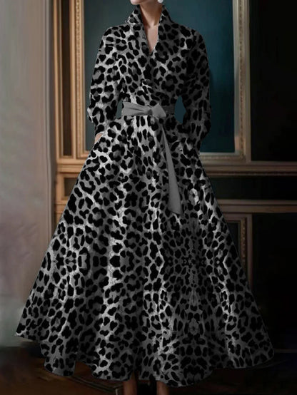 Elegant Leopard Dress for Women Pleated A-Line Dress with Belt Turn Down Collar Evening Long Sleeve Vintage Maxi Dress Vestidos