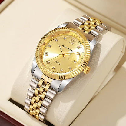 Mens Watch Gold Dial Multi Functional Quartz Movement Stainless Steel Waterproof Timing Men Business Watch Reloj Hombre