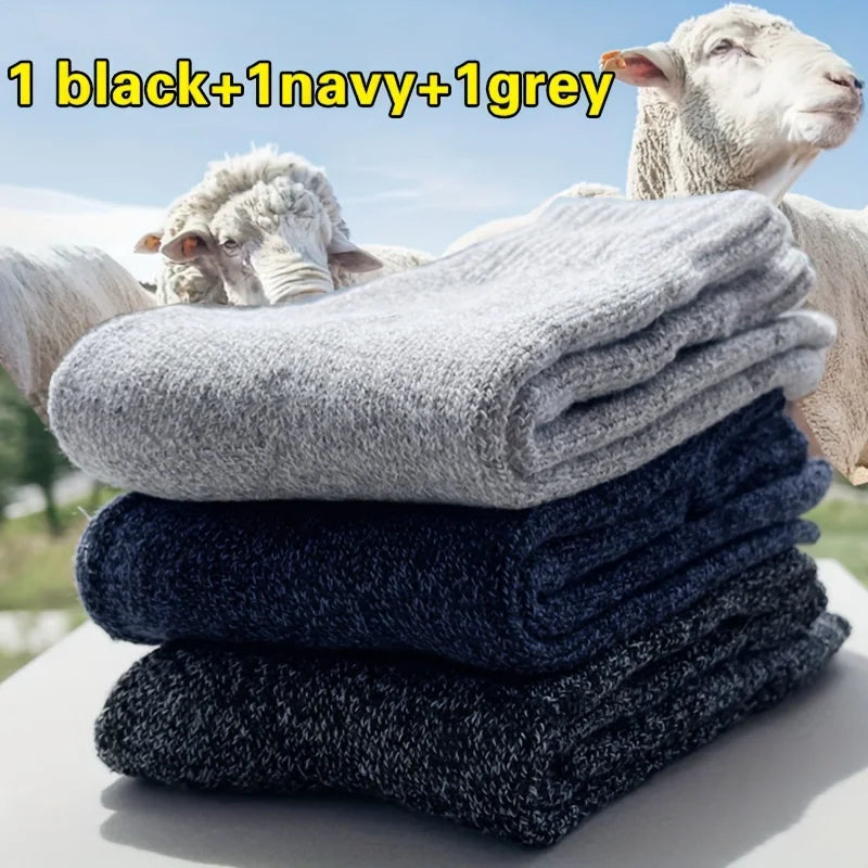 3 Pairs Men's Winter Warm Socks, Thick Towel Mid-Calf Socks, Anti-Cold Snow Boots Socks Elastic Solid Color - Kimlud
