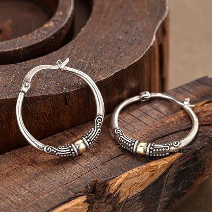 Huitan Vintage Two Tone Bohemian Style Hoop Earrings for Women Engraved Design Novel Trendy Party Big Circle Statement Jewelry