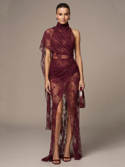 Sexy Backless High Neck See Through Lace Ruched Long Dress Women Burgundy Sleeveless Draped Slim Dresses Evening Maxi Party Gow