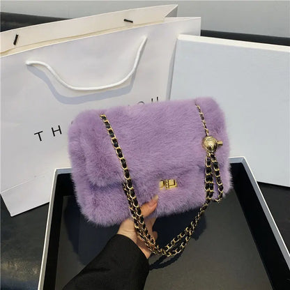 Mini Furry Chain Shoulder Bag for Women New Style Autumn Winter Casual Pure Color Polyester Velvet Lining Crossbody Bag
