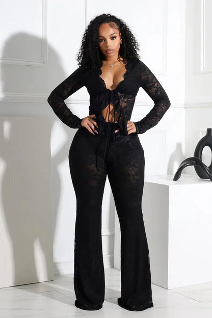 2026 Women's Set Long Sleeve Lace See Through Shirt + Long Pants Street Evening Sexy Two 2Piece Sets Outfits Tracksuit |...