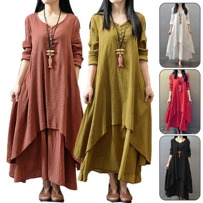 Women's Dress Long Dress Fashion Fake Two Pieces Loose Long Sleeve Art Big Swing Cotton Hemp Bohemian Cotton Vintage Women Dress - Kimlud