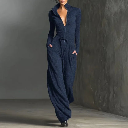 Spring Casual Solid Slim Straight Jumpsuits Woman Elegant V Neck Zip Bodysuit Autumn Long Sleeve High Waist Pocket...