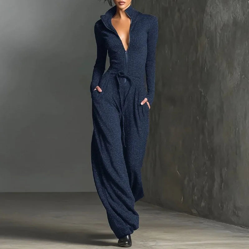 Spring Casual Solid Slim Straight Jumpsuits Woman Elegant V Neck Zip Bodysuit Autumn Long Sleeve High Waist Pocket...