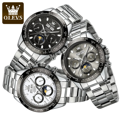 OLEVS 6654 Automatic Watches Waterproof Stainless Steel Luminous Moon Phase Dual Calendar Luxury Brand Mechanical Watch for Men