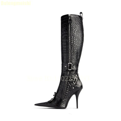 2025 New Stiletto High Heels Crocodile Pattern Boots Fashion B Button Motorcycle Pointed Toe Boots Womens Black Knee-High Boots