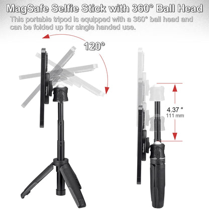 Magnetic Smartphone Tripod for MagSafe, Mini Extendable Selfie Stick 360° Ball Head Tripod Stand Handle Grip for iPhone 14 13 12