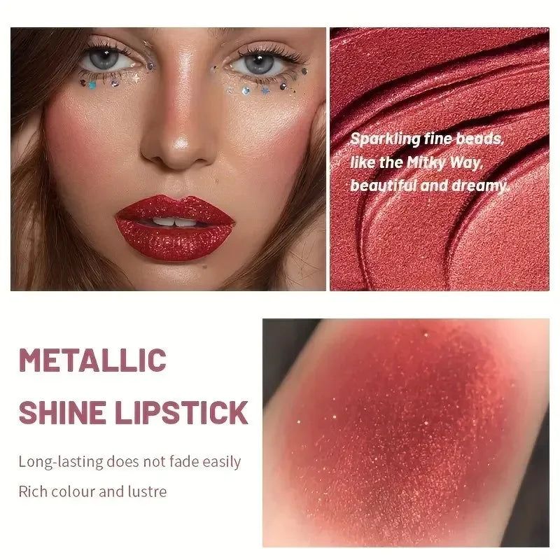 Shiny Pearl Lipstick Waterproof, Long Lasting Moisturizing Lip Color, Creates Full Plump Sexy Lips for Party Look
