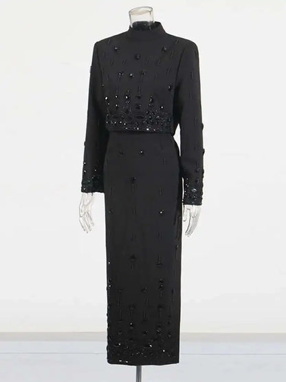 TWOTWINSTYLE Solid Spliced Diamonds Two Piece Set For Women Stand Collar Long Sleeve Tops High Waist A Line Skirt Set Female New