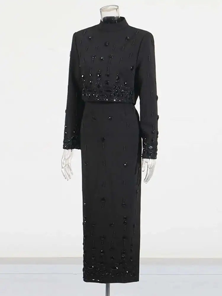 TWOTWINSTYLE Solid Spliced Diamonds Two Piece Set For Women Stand Collar Long Sleeve Tops High Waist A Line Skirt Set Female New