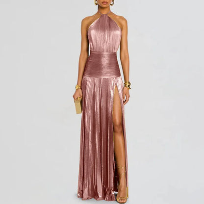 Gold Sexy Halter High Split Gowns Evening Dress Woman Chic Solid Hollow Pleated Long Dress Spring Summer Backless Zip Maxi Dress