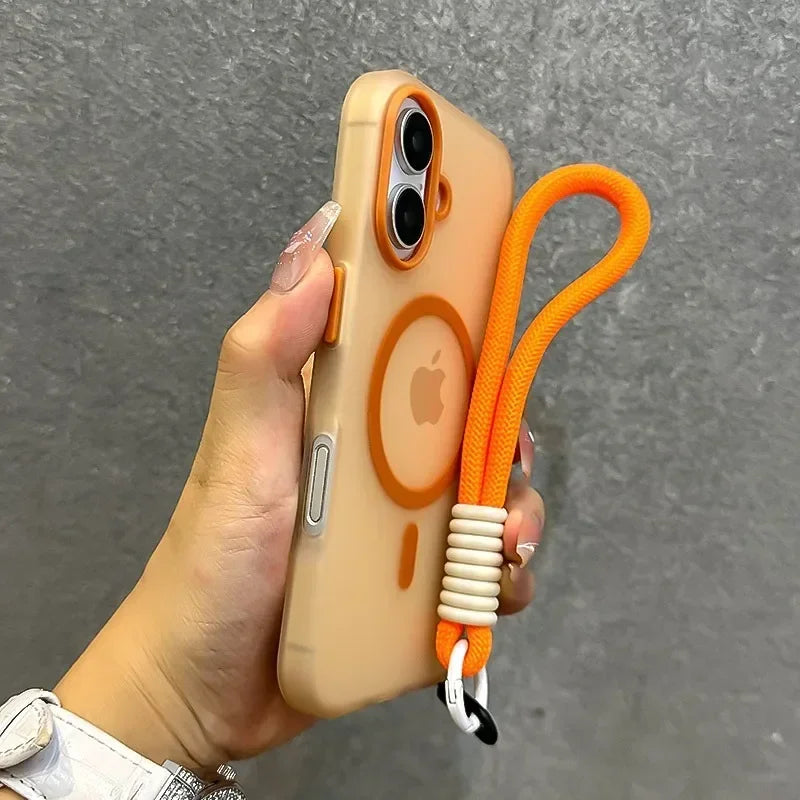 For Magsafe Candy Color Contrast Lanyard Case For iPhone 16 15 17 Pro Max 14 Plus 11 12 13 16e Hand Wrist Strap Matte Soft Cover - Kimlud