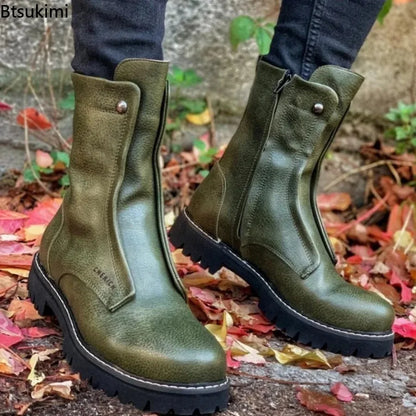 2026 New Big Size Men's Fashion High Top Round Toe Boots PU Leather Shoes Black Stylish Thick Soled Boot Short Motorcycle Botas