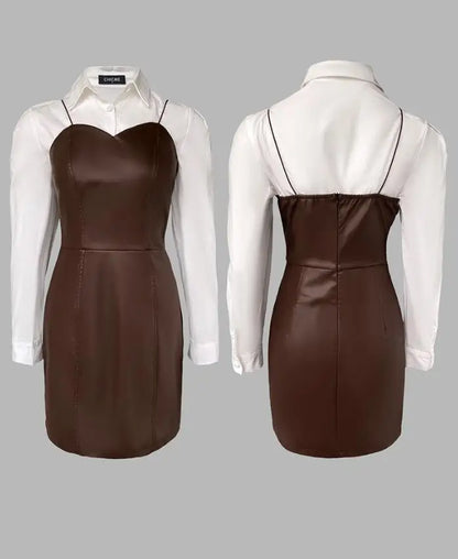 Two Piece Set Women Outfit 2025 Spring New Turn-Down Collar Long Sleeve Blouses & Casual Spaghetti Straps PU Leather Skirt - Kimlud