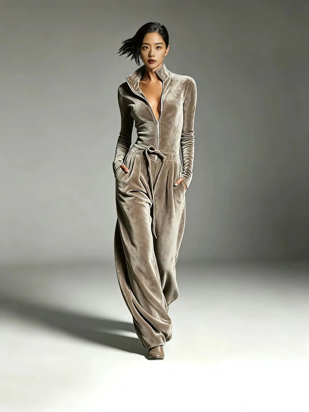 2026 Spring Retro Solid Velvet Women's Jumpsuit Elegant Half Zip Stand Collar Drawstring Waist Overalls Casual Streetwear Romper - Kimlud