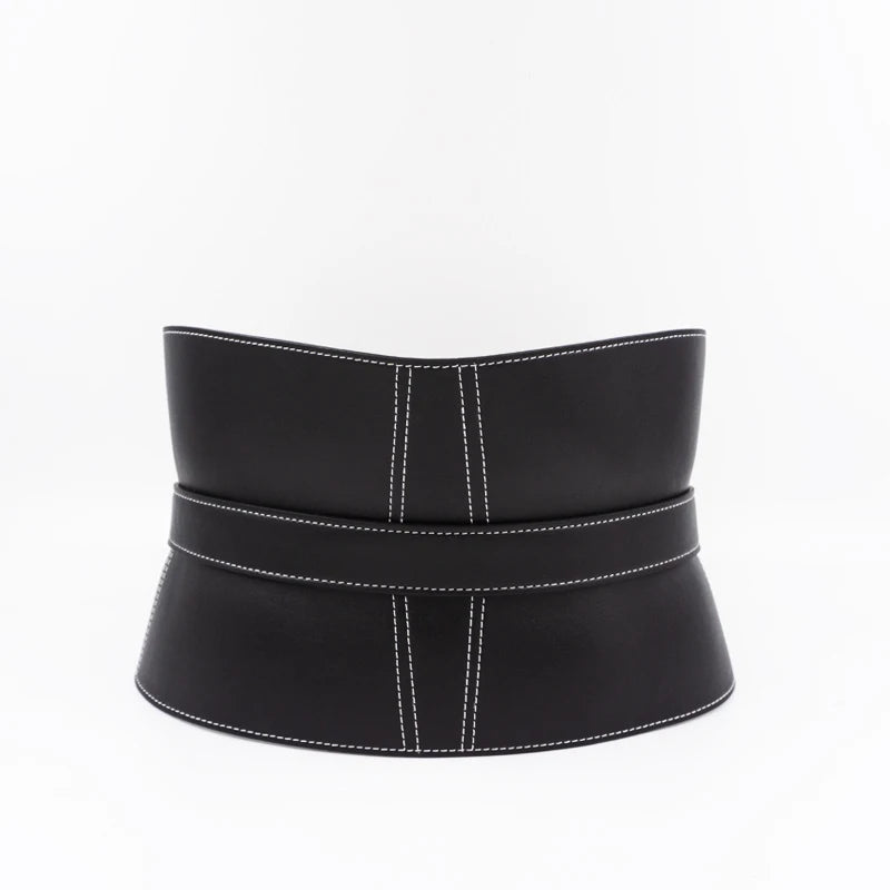 Top-stitched waist seal leather women's wide waistband black pin buckle fashion soft leather dress decorative belt |...