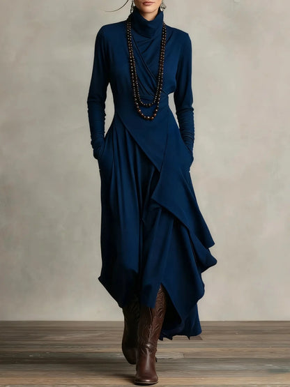 Vintage Irregular Cross Dress for Women Long Sleeve Solid Turtleneck Simple Fashion Casual Spring Holiday Long Dresses - Kimlud