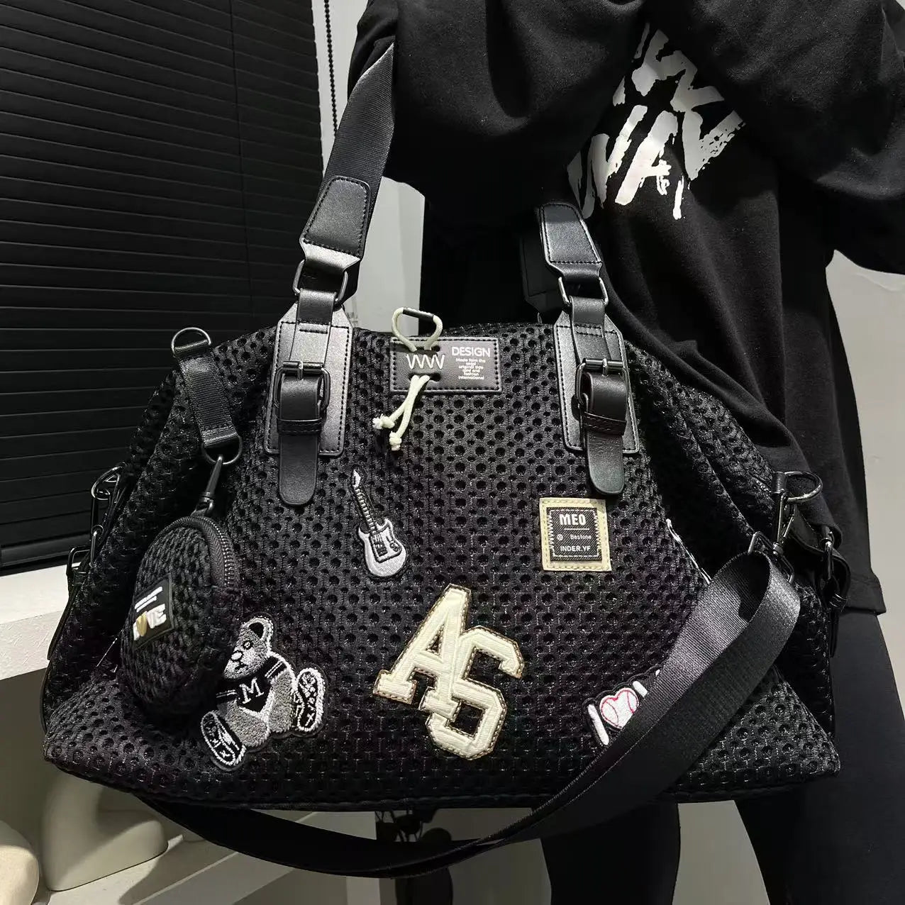 Fashionable women's mesh nylon adhesive tote bag, large capacity splicing shoulder bag, short distance travel casual handbag - Kimlud