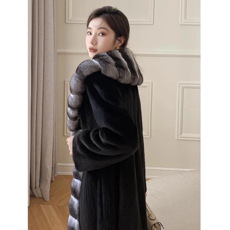 Women's velvet mink coat long winter warm trench shawl fur coat whole mink - Kimlud
