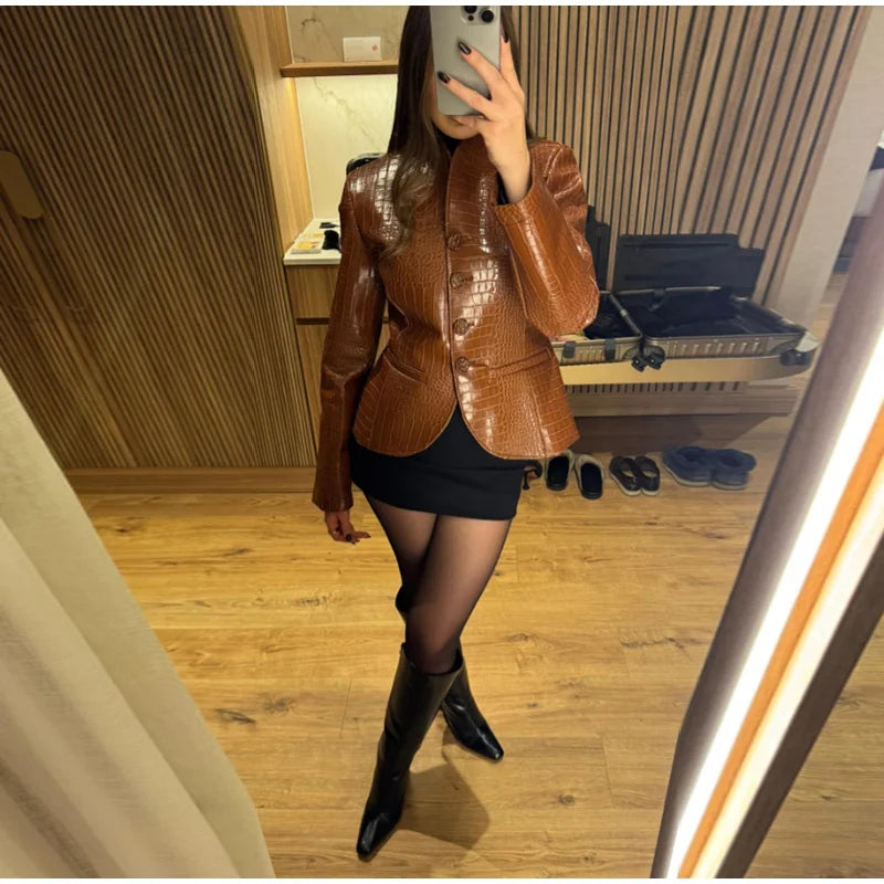 2026 Autumn Women Embossed Faux Leather Jacket Stand Collar Open Front Slim Fitted Waist Vintage Street Party Outerwear...
