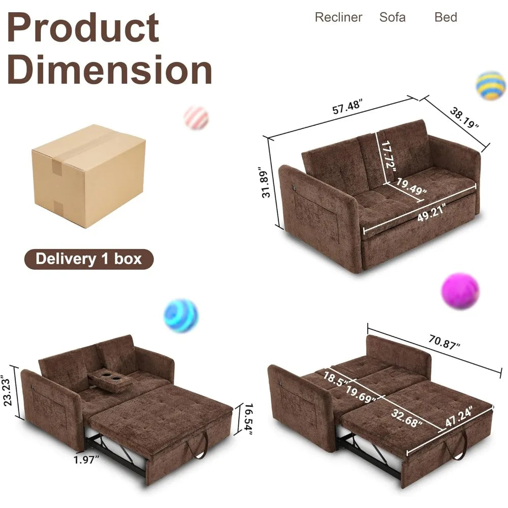 Convertible Brown Sofa Bed with Cup Holders, Pull-Out Sleeper, USB Ports for Living Rooms, Bedrooms, and RVs | Kimlud...