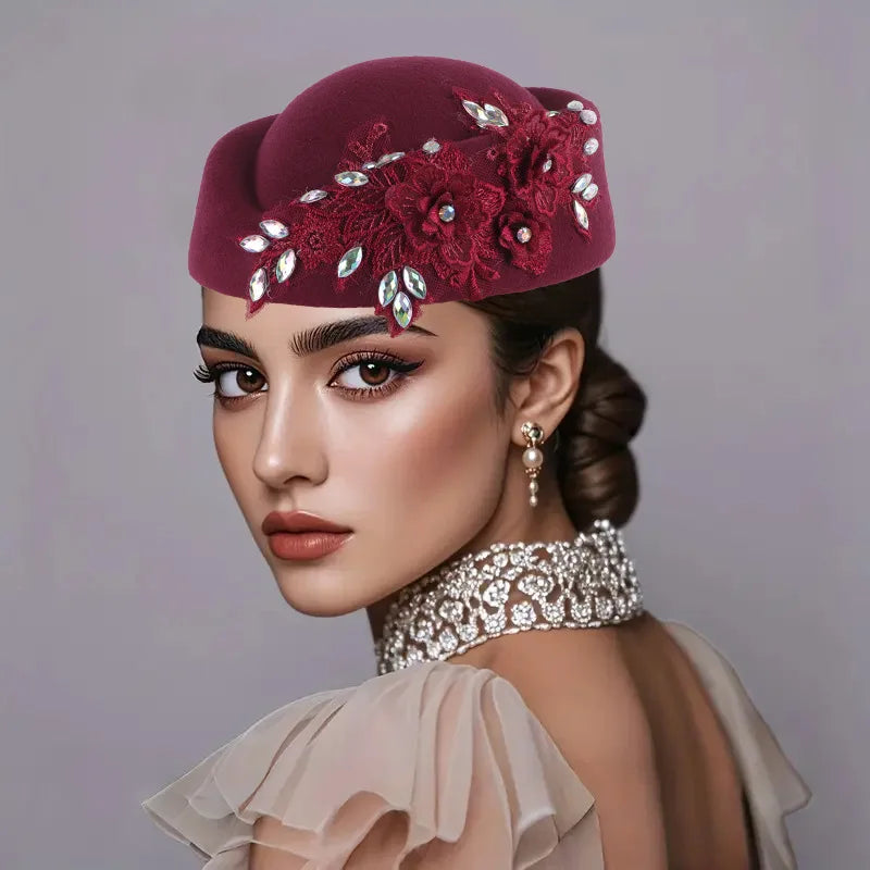 Wedding Hats Red White Cocktail Evening Party Cap for Female with Flower Church Beret Hat Cosplay Caps Costume Accessory
