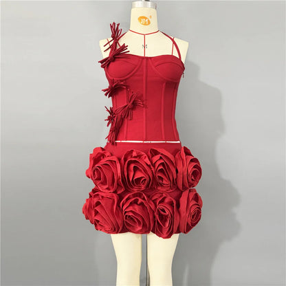 2025 New Arrival Fashion Flowers Women Sexy Halter Tops Mini Skirt Bandage Sets Bodycon Two Pieces Sets | Kimlud Premium...