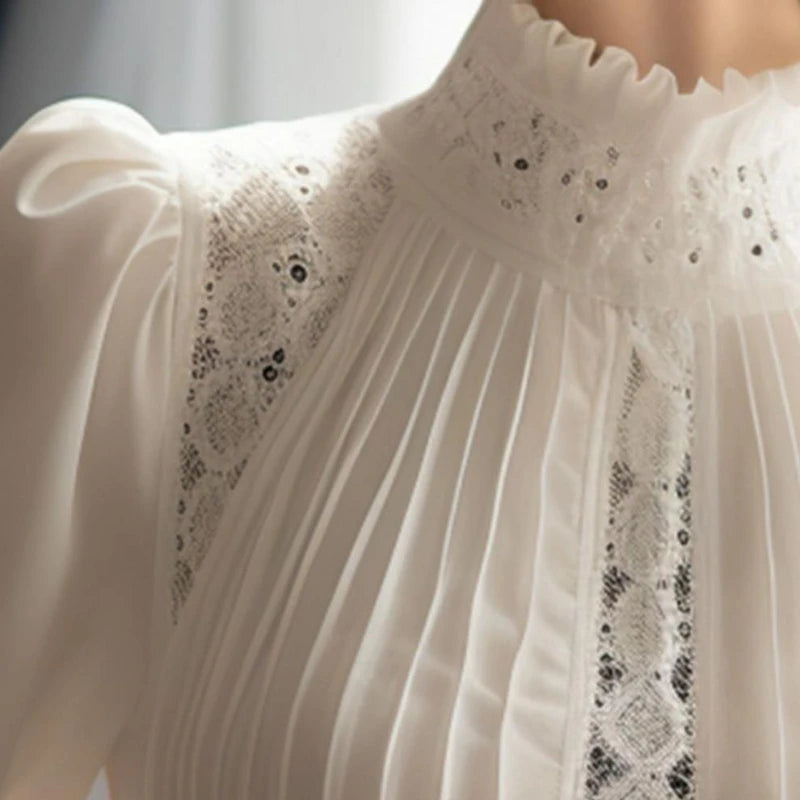 Spring Ladies Patchwork Lace Hollow Out Long Sleeve Shirt Tops New Korean Fashion Women's Solid Color Stand Collar Blouses