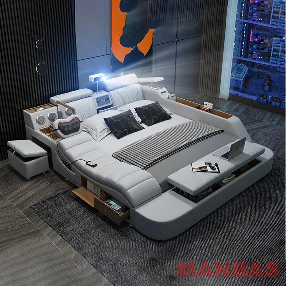 Modern Tech Smart Bed, King/Queen Size Genuine Leather Bed with Projector,USB, Speaker, Luxury Multifunction Bed, All In...