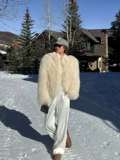 Casual Creamy-white Thick Faux Fur Short Coat Women Long Sleeve Turn Down Collar Warm Soft Jacket Female Winter Daily Outerwear