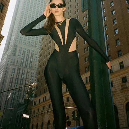 Sexy Mesh Hollow Patchwork Jumpsuit Long Sleeves Game Cosplay Bodysuit Women Performance Dance Costume Party Outfit