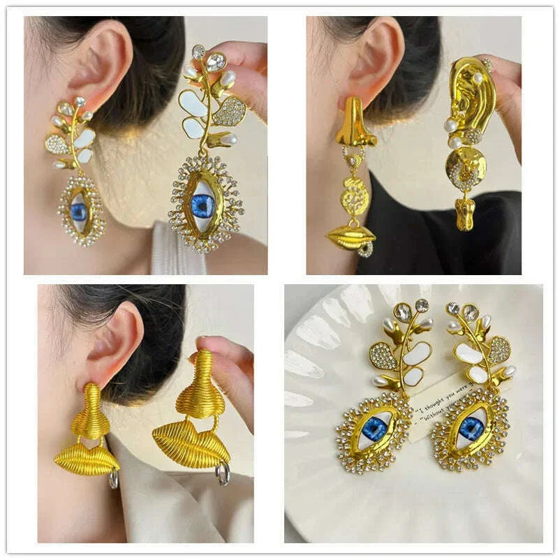 European and American retro court style leaf earrings, niche design, demon's eye, light luxury temperament, long earrings