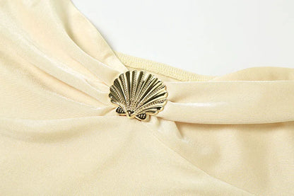 Weird Puss Shell Metal Satin Dress Women Y2K Plait Halter Sexy Low-Neck Irregular Backless Sleeveless Ruched Summer Mini...