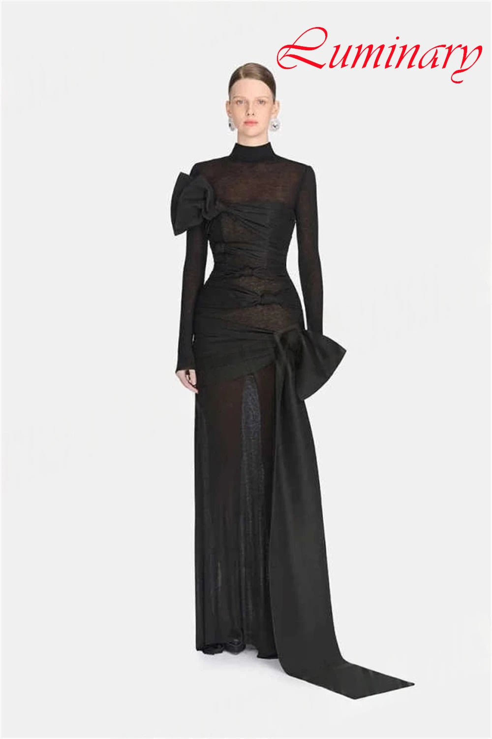 Customized Simple Chiffon Bow Evening Dress Exquisite High Collar Prom Dresses Temperament Long Sleeves Special Occasion Gowns