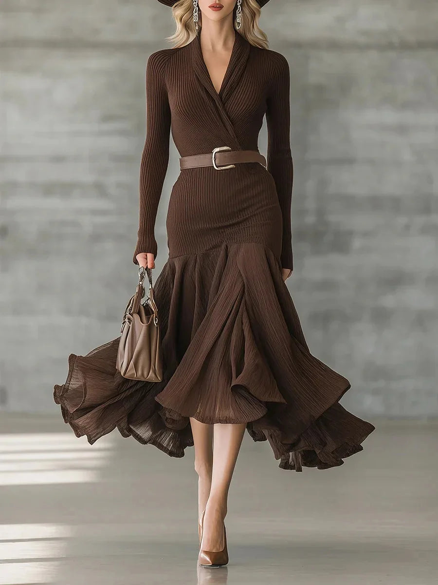 Women's Elegant Brown Ribbed Knit Dress Surplice V Neck Long Sleeve Belted Ruffle Hem Midi Dress Formal Party Evening Dress