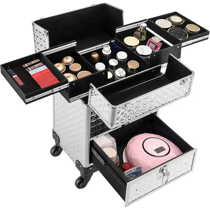 Rolling Makeup Train Case, Makeup Trolley with Drawer, Nail Case Wheeled Manicure Storage Case for Hair Stylists,Pet Groomers