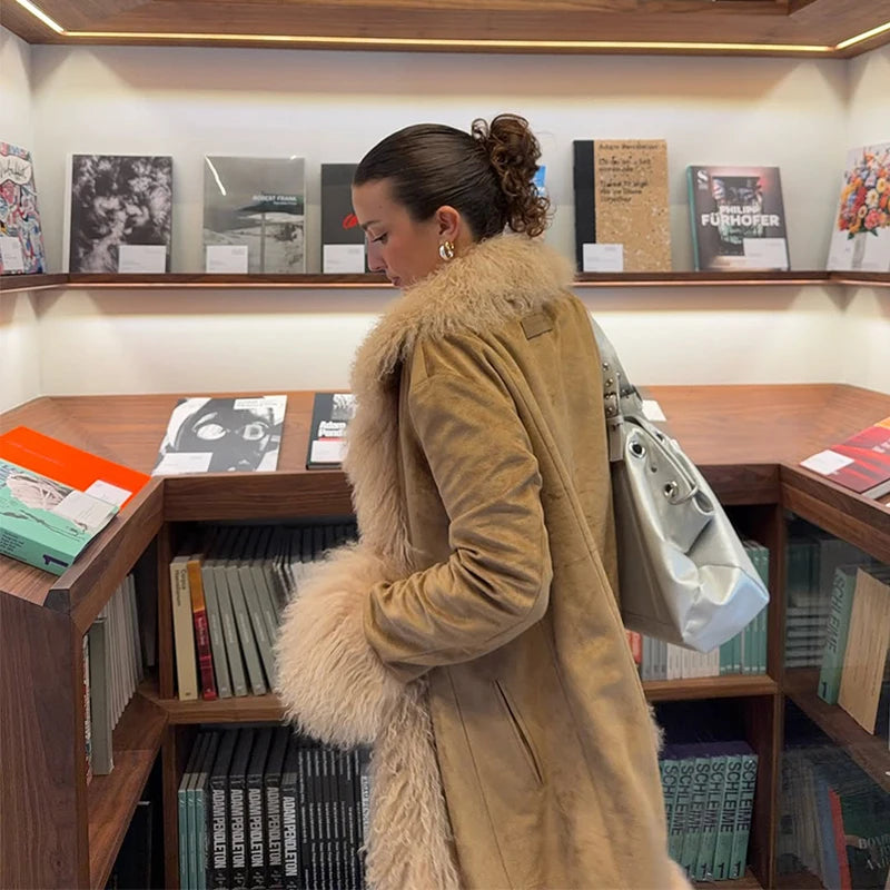 Vintage Patchwork Women's Faux Fur Trim Coat Urban Lapel Full Sleeve Female Jacket Female 2026 Spring Winter Lady Streetwear New