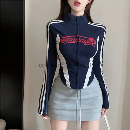 Y2K Korean Vintage Streetwear Women Fashion Letter Print Long Sleeves Sve T-shirt Harajuku Egirl Tops Hot Girl Slim Crop Tops