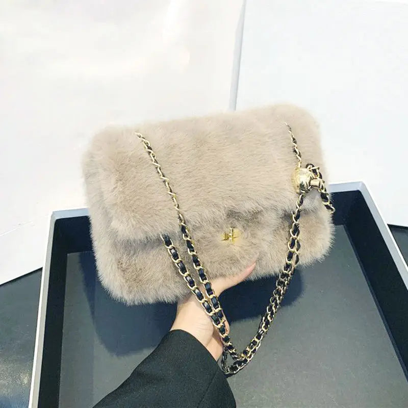 Mini Furry Chain Shoulder Bag for Women New Style Autumn Winter Casual Pure Color Polyester Velvet Lining Crossbody Bag