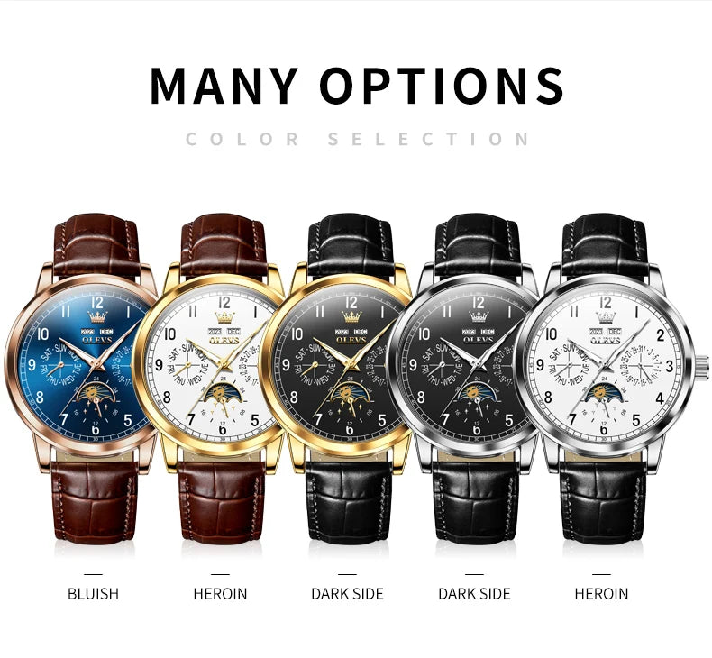 OLEVS 6698 Mens Watch Luxury Dress Brand Moon Phase Automatic Mechanical Watch For Men Leather Waterproof Dual Calendar...