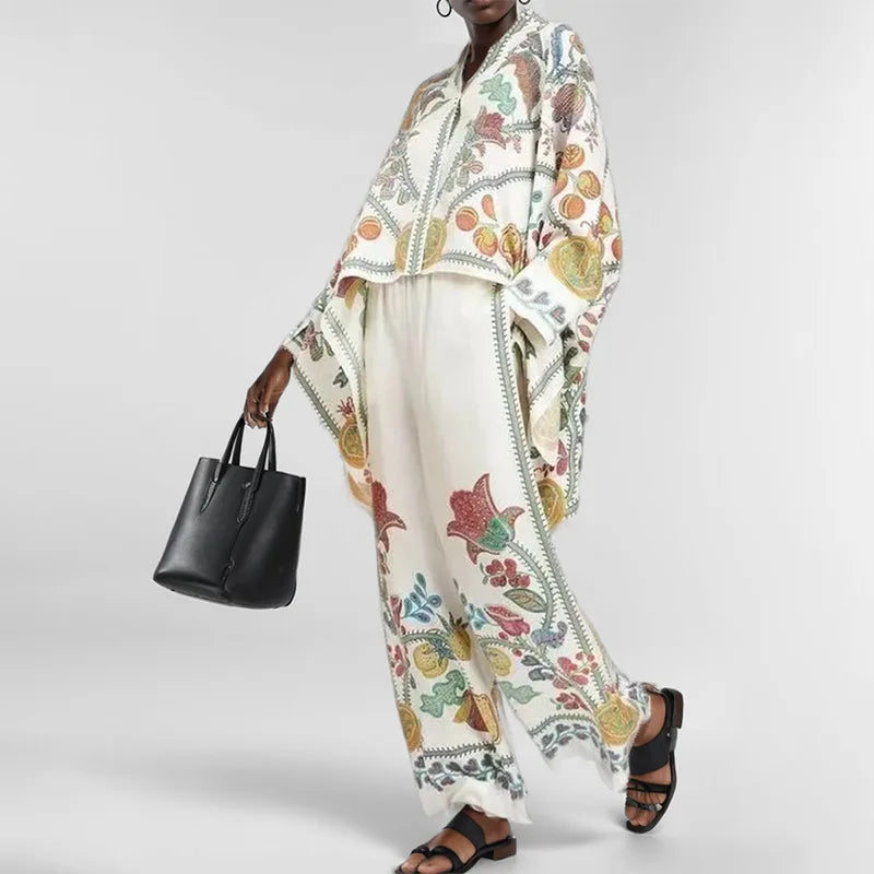2 Piece Sets Fashion Women's Irregular Geometric Print Pants Sets Long Sleeve Shirts And Wide Leg Pants Stylish Streetwear Suit
