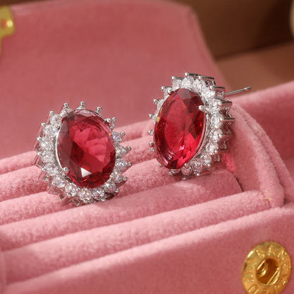 Delicate Silver Color Oval Inlaid Red White Cubic Zirconia Stud Earrings for Women Fashion Engagement Wedding Earrings...