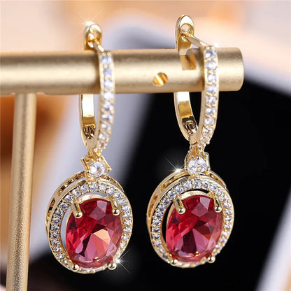 Luxury Female Rose Red Oval Zircon Stone Hoop Earrings Charm Gold Color Wedding Jewelry For Women