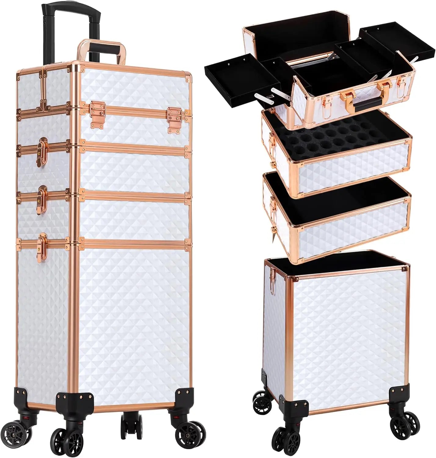 Rolling Makeup Train Case 4 in 1 Cosmetology Case on Wheels Large Storage Cosmetic Trolley with Key Salon Barber Case